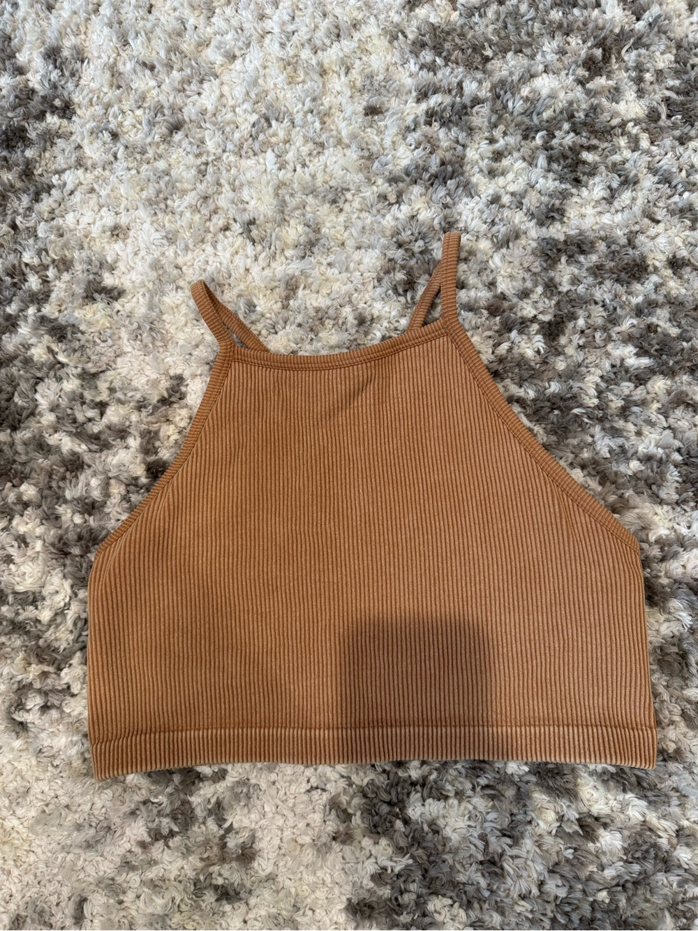 JoyLab Ribbed High-Neck Crop Top/Sports Bra in Tan